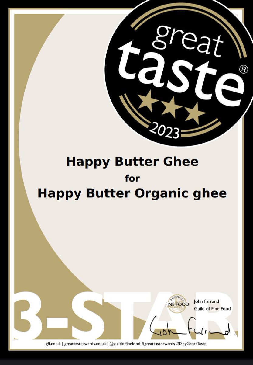 Chuffed with 3 ⭐⭐⭐ at this year's Great Taste awards #ghee #organic @ocado @AbelandCole @CLFDistribution @SumaWholefoods @Tasteofthewest @infinityfoodsw @GreenCityCoop @queenswoodfoods