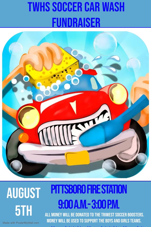 TWHS_WSoccer's tweet photo. We are holding our annual car wash this Saturday at the Pittsboro Fire Station.  Come out, support the teams and get your ride cleaned in the process.  @TWBruinsSoccer @triwestsports https://t.co/9xmXM06u9n