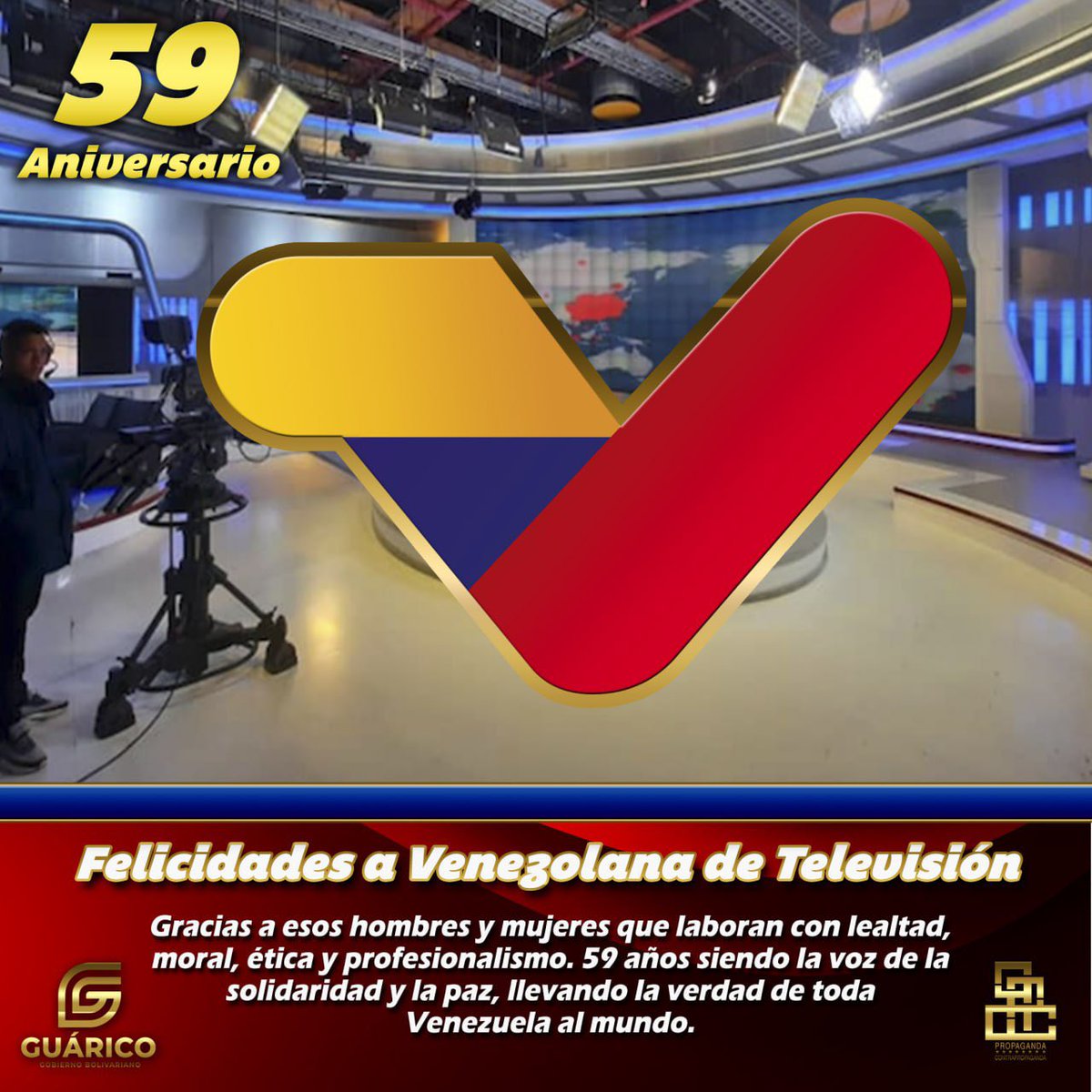 ¡Felicitamos a la gran familia de <a href="/VTVcanal8/">VTV CANAL 8</a> por su 59 aniversario! Aplaudimos a los hombres y mujeres que desde este medio de comunicación se encargan de llevar la verdad de Venezuela a todos los rincones del país y reconocemos el compromiso con que desempañan su trabajo.
