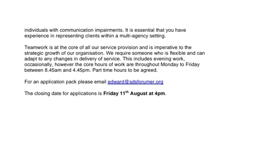 ERCCentre's tweet photo. Are you good at working with people and have excellent organisational skills? @sdsforumer have a great opportunity for you!

For an application pack please email edward@sdsforumer.org

The closing date for applications is Friday 11th August at 4pm. https://t.co/T47VKbFQ43
