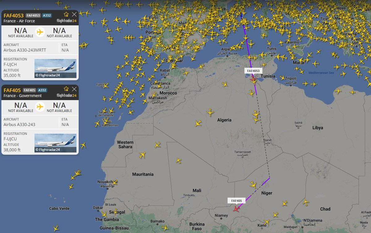 airplusnews's tweet photo. 🇳🇪 Six jours après le coup d’Etat au Niger, les premiers avions de l’armée française devrait décoller de Niamey.

▫️A330 (F-UJCU) départ 15:10 UTC vers Paris CDG
▫️A330 (F-UJCH) départ 17:00 UTC vers Paris CDG
▫️A330 (F-UJCN) départ 22:15 vers Paris CDG https://t.co/18fowZGXKJ