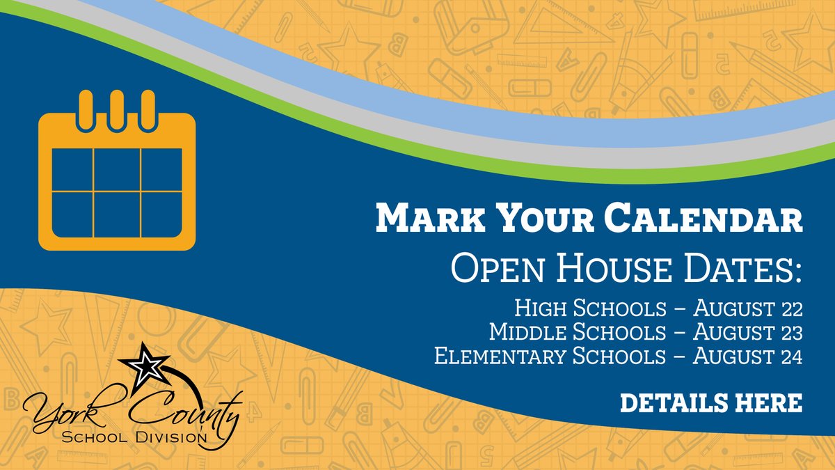 YCSD's tweet photo. Families - Open Houses are taking place on August 22 - 24.

🔹 Tuesday, August 22 - High Schools
🔹 Wednesday, August 23 - Middle Schools
🔹 Thursday, August 24 - Elementary Schools

View the schedule: https://t.co/nAimM7lf2i https://t.co/c0T48BQ5b2