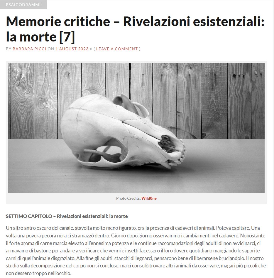 brababella's tweet photo. Settimo capitolo della rubrica "#MemorieCritiche" dal titolo: "Rivelazioni esistenziali: la #morte"
Photo by #Wild0ne https://t.co/K6JEIhGZUO
#brabs #barbarapicci #racconti #narrativa #sardegna https://t.co/rdOSvlYJeh