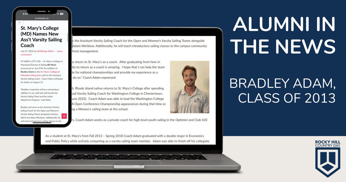 RHCD Alum, Bradley Adam ('13), was recently featured in Sail1Design! Bradley is joining the St. Mary’s College of Maryland sailing team staff as their Assistant Varsity Sailing Coach ⛵ 

Read the full article here: sail1design.com/st-marys-colle…