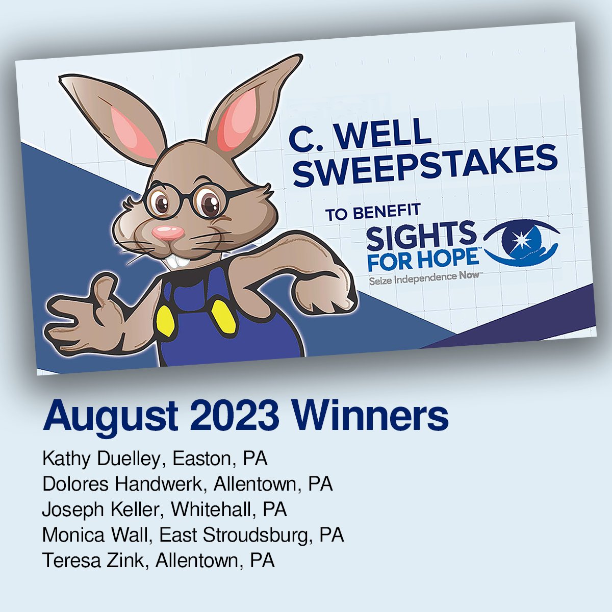 SightsforHope's tweet photo. Congratulations to our August 2023 C. Well Sweepstakes winners. Find out more at https://t.co/f0u7CazY21. #SightsforHope #SeizeIndependenceNow #CWellBunny #CWellSweepstakes https://t.co/9uXusccJNl