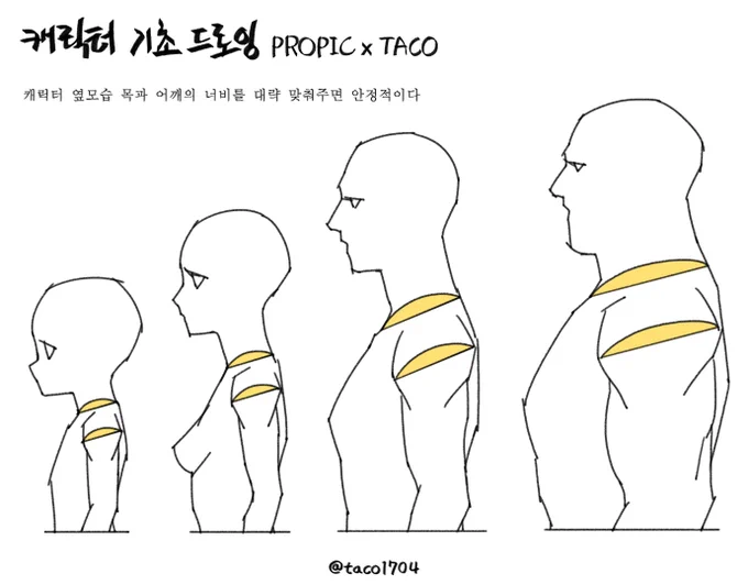 캐릭터 옆모습 목과 어깨의 너비를 대략 맞춰주면 안정적이다