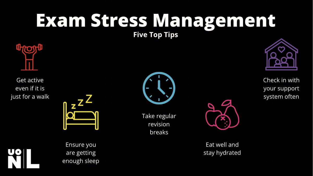 UONLondon's tweet photo. Good luck with your upcoming exams! Here are some handy tips on managing stress while taking your exams at UONL. If you would like more suggestions or support for stress management during exams please contact our Wellbeing Team. https://t.co/M5khtLB91k