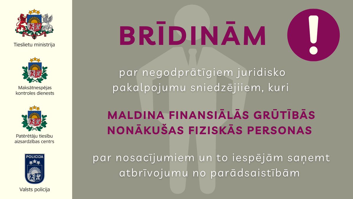 Tieslietas's tweet photo. ⛔️ Arvien biežāk sastopami juridisko pakalpojumu sniedzēji, kuri maldina finansiālās grūtībās nonākušas fiziskās personas par noteikumiem, lai saņemtu atbrīvojumu no parādsaistībām.

ℹ️ Uzzini, kā rūpīgi un kritiski vērtēt šādu pakalpojumu piedāvājumus:
https://t.co/hyunl2kDGX https://t.co/oWPBsp99PZ