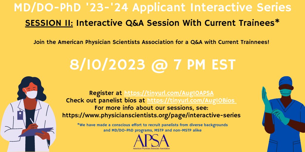 There is still time to register for our FREE webinar on August 10 @ 7pm EST!🩺🔬 A panel of current dual-degree students will answer all your questions LIVE: a day in the life, secondaries, interviews...etc!📚 Register: tinyurl.com/Aug10APSA Panelists:tinyurl.com/Aug10Bios