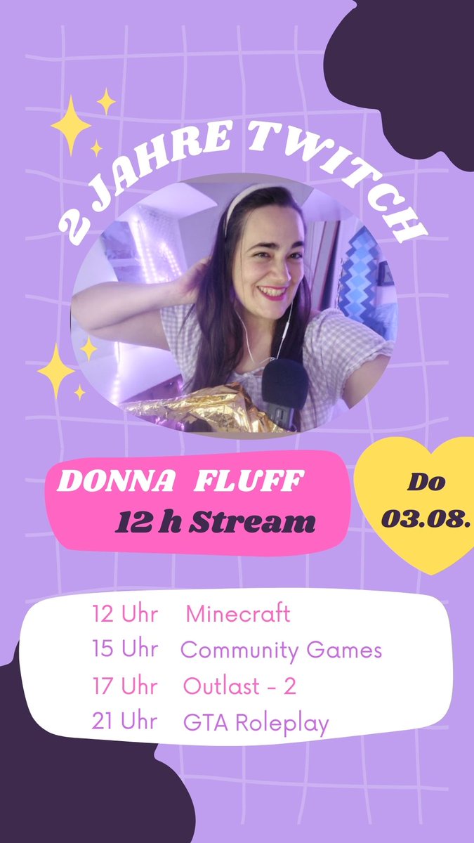 Wie die Zeit vergeht 🥹 

2 Jahre auf #twitchde 💜

Am Donnerstag gibt's meinen ersten 12h Stream - freu mich schon aufs Programm und euch 🥳