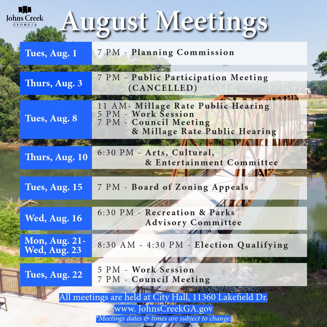 August Meeting Calendar 🗓 ✔️ | Stay connected by subscribing to the City e-newsletter: bit.ly/2OL3ze4 (the August edition 📩 arrives this week!) Check the city calendar for dates, times, and locations of all city meetings: bit.ly/2Qn5zZd