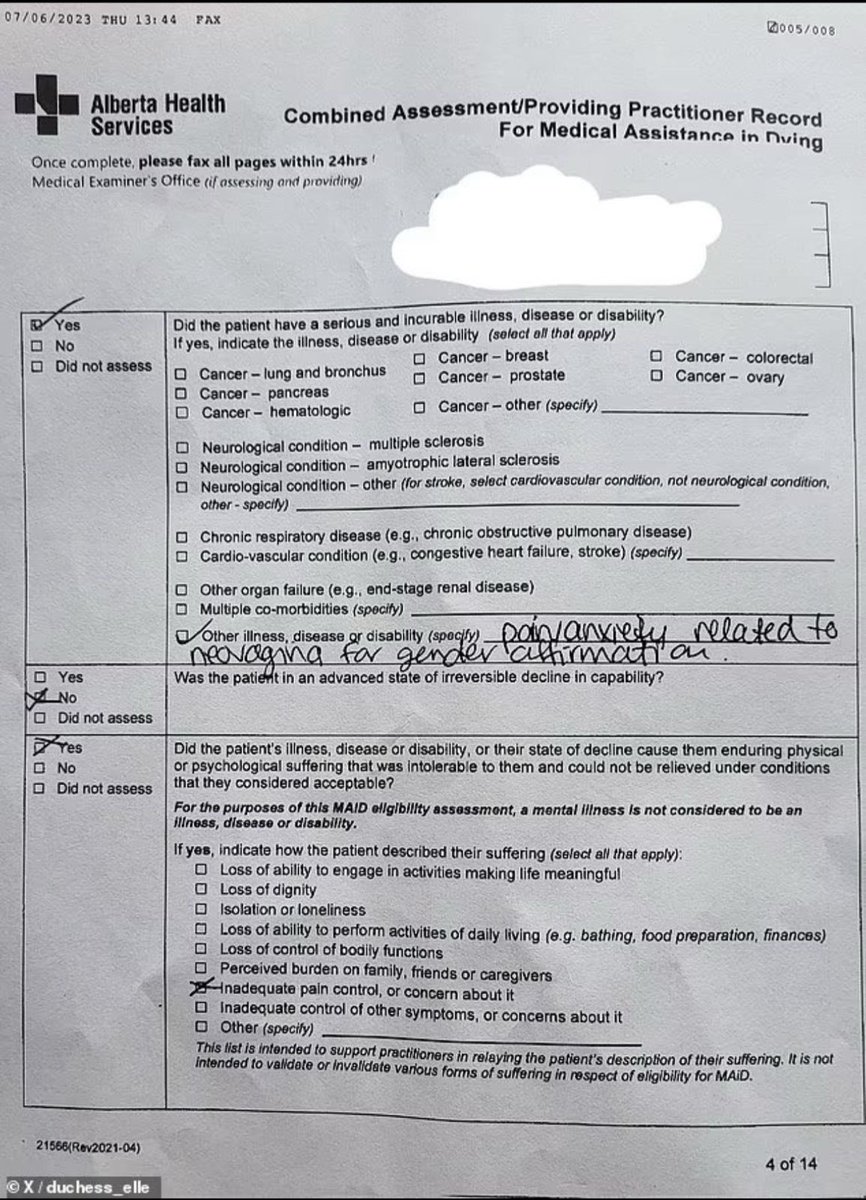 PMunozIturrieta's tweet photo. Esta es una aplicación para la eutanasia en Alberta, Canadá 🇨🇦. Motivo: dolor y ansiedad por una “neovagina” producto de la “afirmación de género”. https://t.co/Ert5HhfoFm