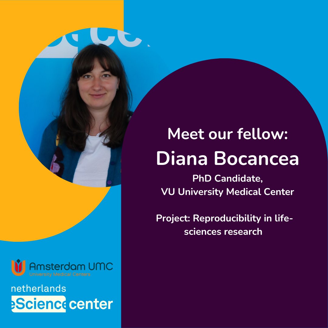 eScienceCenter's tweet photo. Meet our Fellow ๐
Introducing Diana Bocancea, PhD Candidate at @amsterdamumc. As an #eScienceCenterFellow, Diana's project focuses on #Reproducibility in life-science research.
Learn more about Diana's project here: https://t.co/Jdyb9BI4is https://t.co/MVqjetkEv1