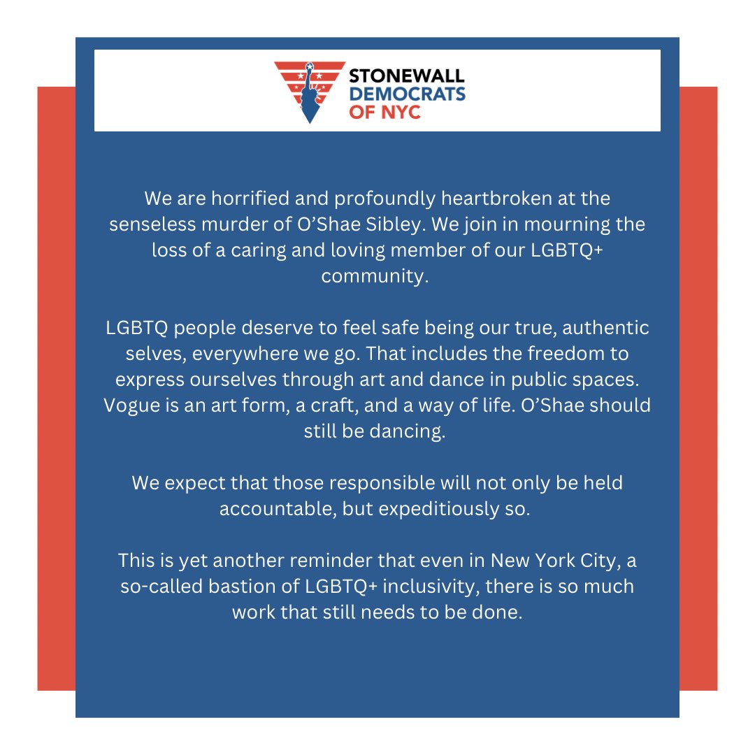 We are horrified, saddened, and profoundly heartbroken at the senseless murder of O’Shae Sibley. We join in mourning the loss of a caring and loving member of our LGBTQ+ community. 

We expect that those responsible will not only be held accountable, but expeditiously so.