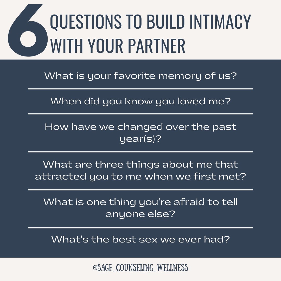 Unlock a deeper connection with your partner and ask these questions to spark intimacy and strengthen your bond. 

#intimacy #intimacytip #intimacycoach #intimate #premaritalcounseling #couplescounseling #relationshiptalk #relationshipadvice #intimates #relationshipmanagement
