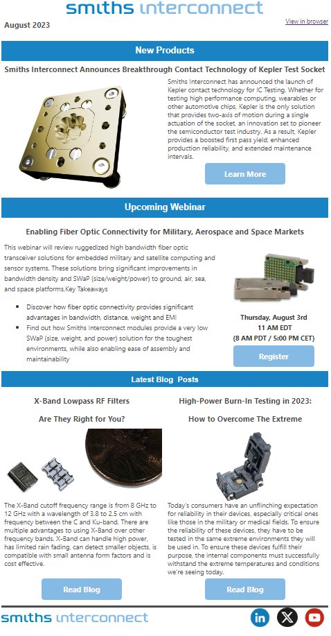 smithsinterconn's tweet image. Check out our August #newsletter packed with the latest updates: spotlight on the new Kepler #TestSocket, next #webinar about fiber optic #transceiver solutions and our latest #blogs.
Learn more: ow.ly/5Mkm50PpNsq