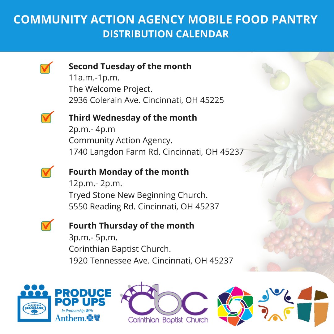 CincyCAA's tweet photo. Here is a look at our Food Pantry distribution schedule! Please spread the word and join us for FREE produce! All are welcome!
**Check our website for occasional date changes due to holidays. https://t.co/Qki6xwO7fY
#CincyCAA #CAA #CincinnatiFoodPantry #CommunityActionAgency https://t.co/CRGA5ky9yj