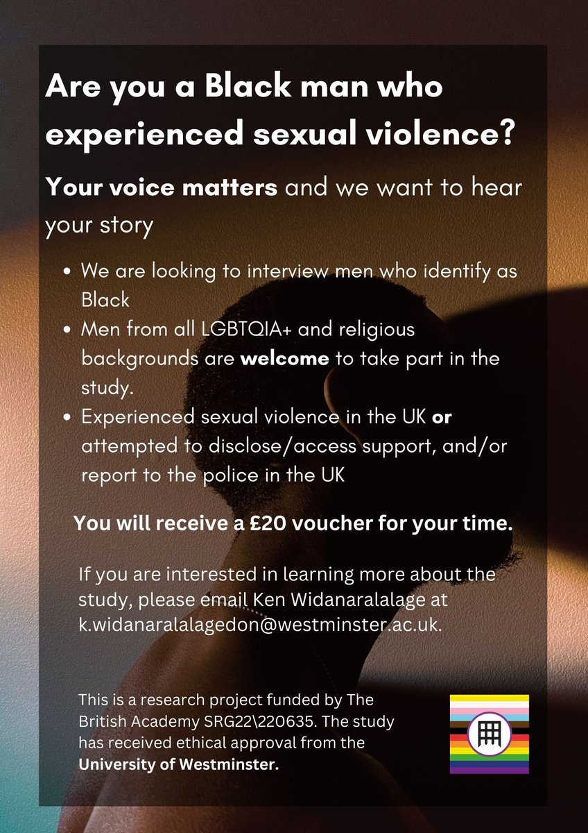 Ken Widanaralalage, PhD (@widanaralalage) on Twitter photo Are you a Black men who survived sexual violence?
We want to hear your story and provide a platform for your experiences. Your voice matters.
For more info:
đź“§ k.widanaralalagedon@westminster.ac.uk
📱 DM <a href="/widanaralalage/">Ken Widanaralalage, PhD</a> Are you a Black men who survived sexual violence?
We want to hear your story and provide a platform for your experiences. Your voice matters.
For more info:
đź“§ k.widanaralalagedon@westminster.ac.uk
📱 DM <a href="/widanaralalage/">Ken Widanaralalage, PhD</a>