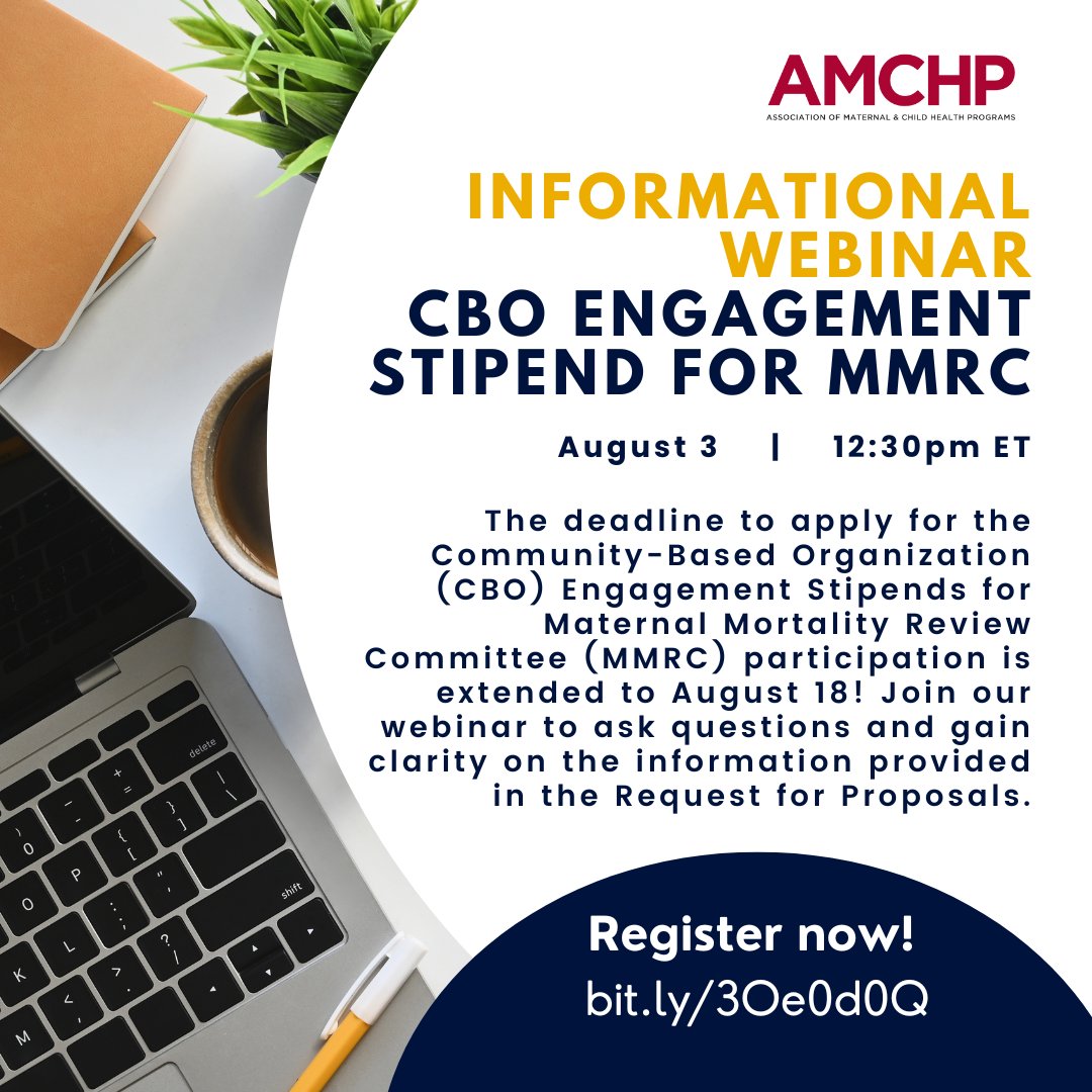 DC_AMCHP's tweet photo. Deadline extended! You now have until August 18 to submit a proposal for our #CBO Engagement Stipend for #MMRC participation: https://t.co/bmIAPU2RCt.

Have questions regarding the application? Join our Informational Webinar this Thursday at 12:30pm ET: https://t.co/6Hm0LCrAel. https://t.co/mjipnV3Kxc