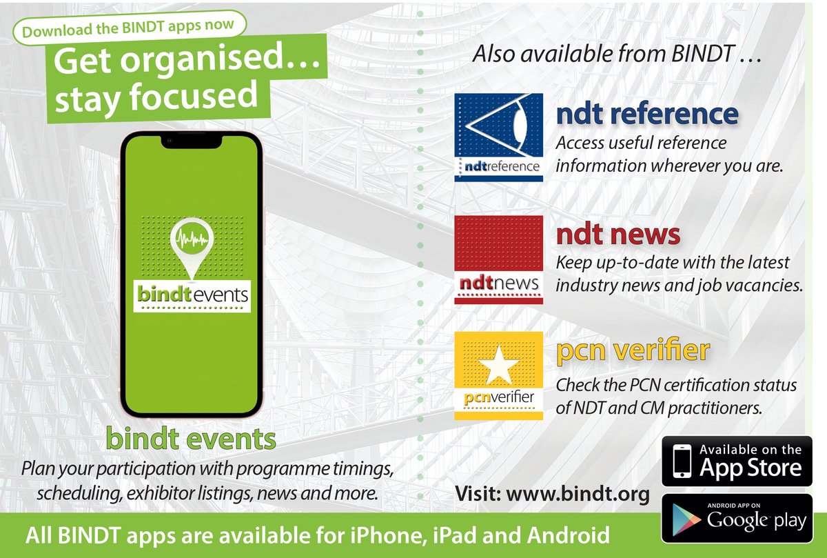 bindt's tweet photo. Stay organised at BINDT events with programme timings, exhibitor listings, floor plans and more using our BINDT Events app. Download the app for free to read more at: https://t.co/n25uOLwYj9 #bindt #events #app #engineering #ndt #cm https://t.co/AsTqcgYywf
