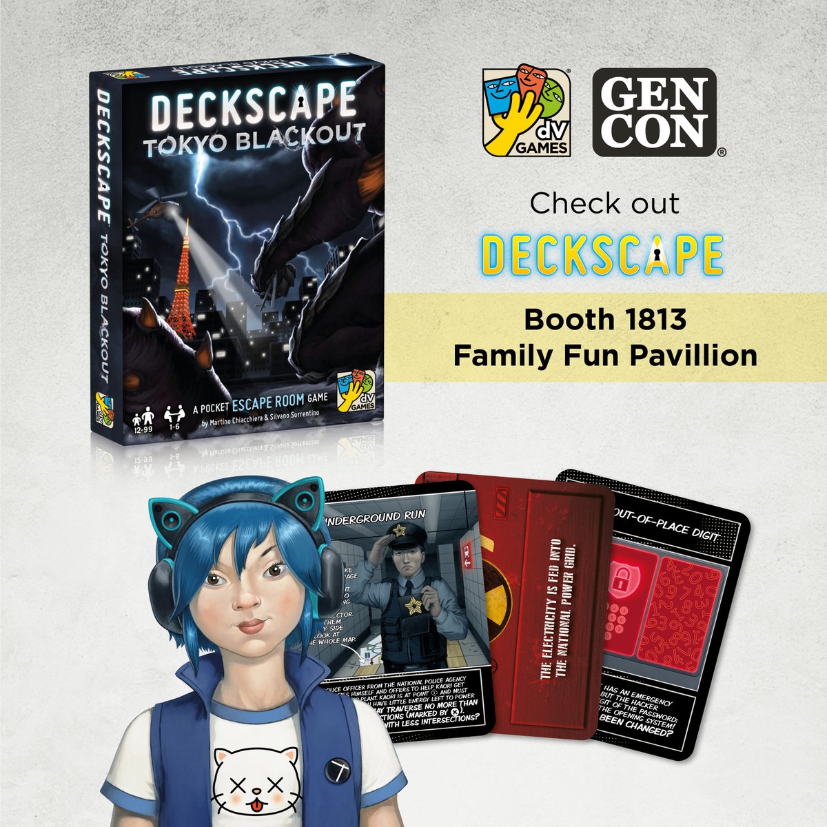 dVGiochi's tweet photo. We are excited to showcase at @Gen_Con our latest release from the pocket #EscapeRoom game series #Deckscape: Tokyo Blackout. 🔦

📍 See you at the Family Fun Pavillion, BOOTH 1813!

#DVGames #tabletopgames #GenCon #GenConIndy #Indianapolis https://t.co/9QbIP8CO6m