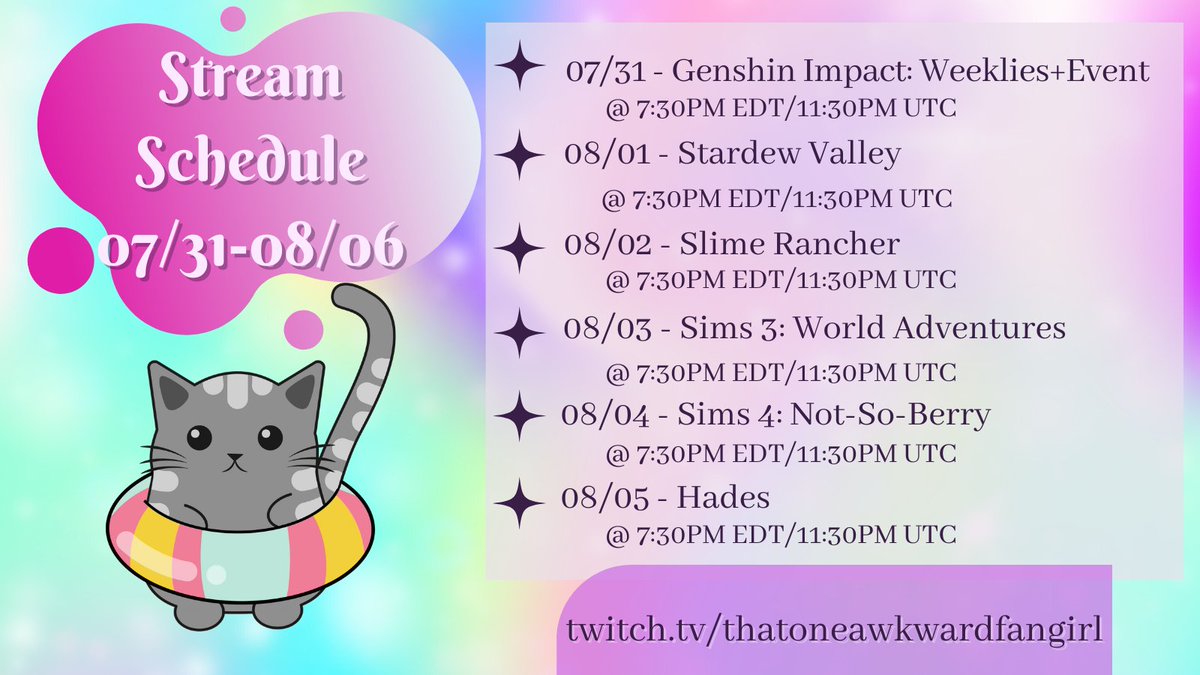 lovingyachi's tweet photo. Meant to post this yesterday, but better late than never! We're easing back into streams with a different game every day- come hang out with us!
#GenshinImpact #StardewValley #SlimeRancher #TheSims3 #TheSims4 #HadesGame #smallstreamer #twitchaffiliate 
https://t.co/KAat1bsxqD https://t.co/E9qLxNtjq8