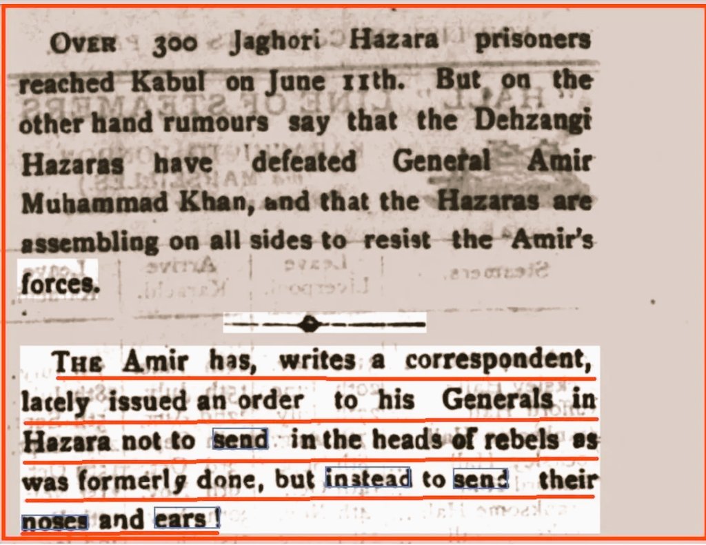 daichopanazmo's tweet photo. 25th of September is the Hazara Black Day.
 June 1893, Abdur Rahman Khan has, writes a correspondent, lately issued an order to his Generals in Hazara not to send in the heads of Hazaras as was formerly done, but instead to send their noses and ears!
C&amp;M G
#StopHazaraGenocide https://t.co/uzoZYUXftm
