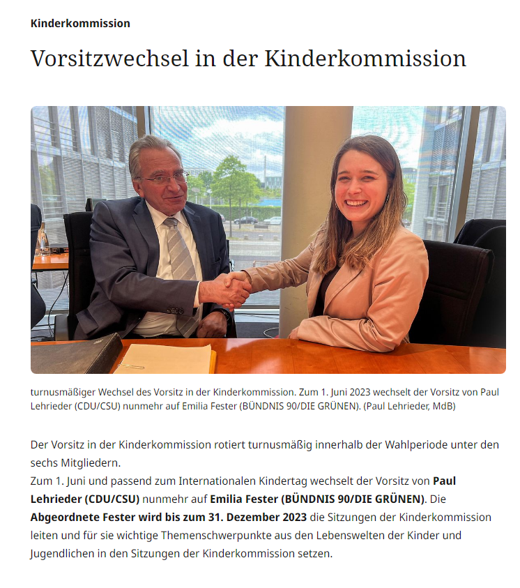 Sarah Lahrkamp, 42 (SPD), M.A. Politikwissenschaft, verheiratet, 4 Kinder übergab den Vorsitz an 
Paul Lehrieder, 63 (CSU), Staatsexamen Rechtswissenschaft, verheiratet, 2 Kinder übergibt an 
Emilia Fester, 25 (Grüne), Abitur, arbeitete als freischaffende Regieassistentin im