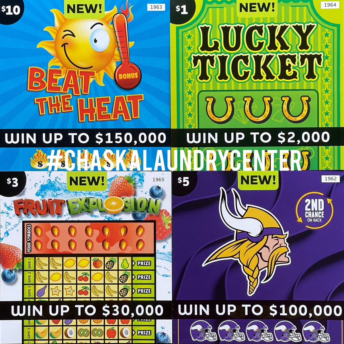 Chaska_Laundry's tweet photo. TICKET TUESDAY!  Check out the new games for August: Beat the Heat, Lucky Ticket, Fruit Explosion and Minnesota Vikings!

Stop in to pick up your winning tickets! Good luck 🍀 

#mnlottery #chaskalaundrycenter https://t.co/cTgT0vykOH