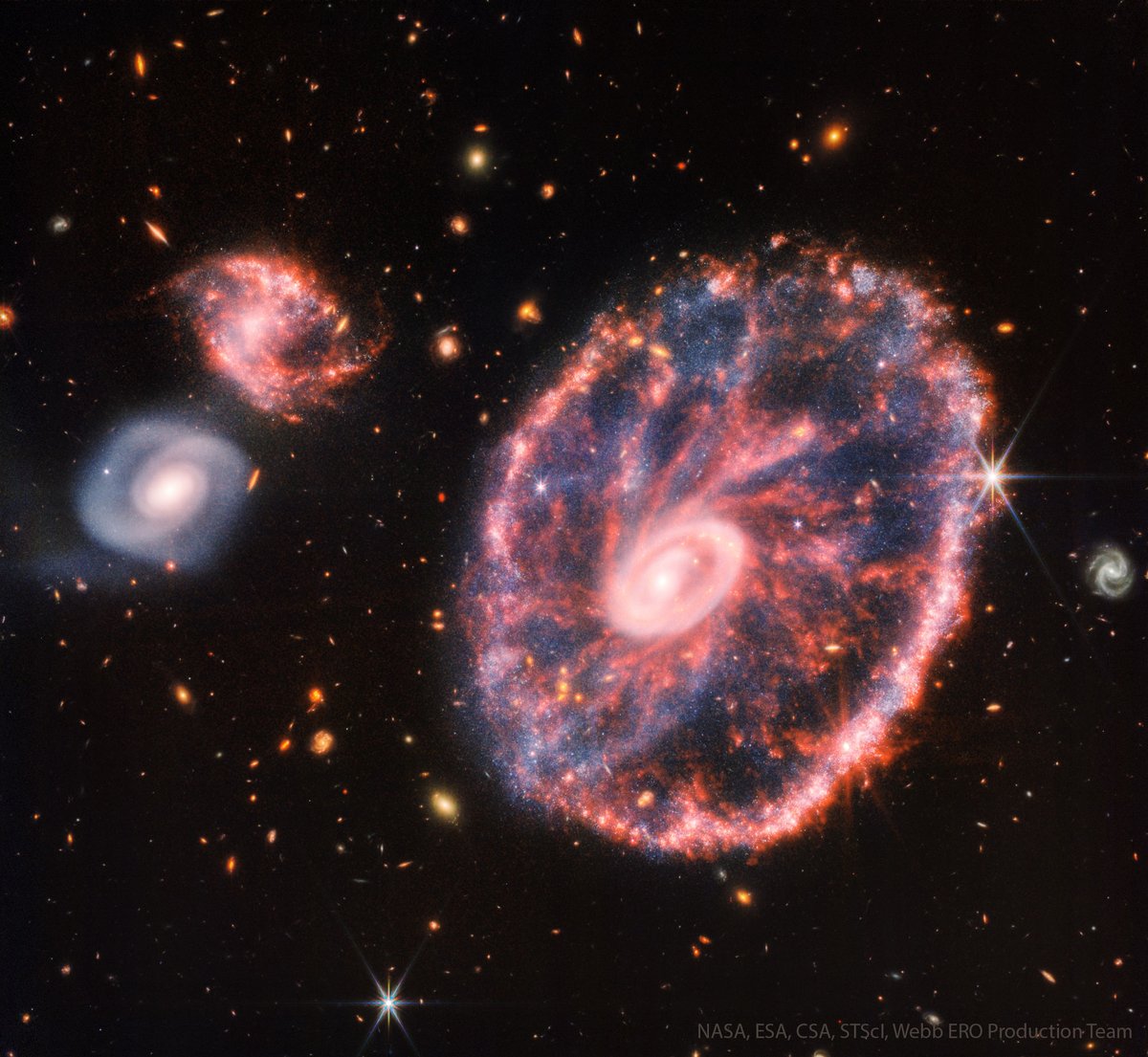 alex_riveiro's tweet photo. La galaxia Rueda de carro es una de las más espectaculares que podemos ver. Aquí, la vemos de una manera muy diferente y especial, gracias al telescopio James Webb, en el espectro infrarrojo. Es parte de un grupo de galaxias a 500 millones de años-luz. #FelizMartes https://t.co/jHBweCeNwj