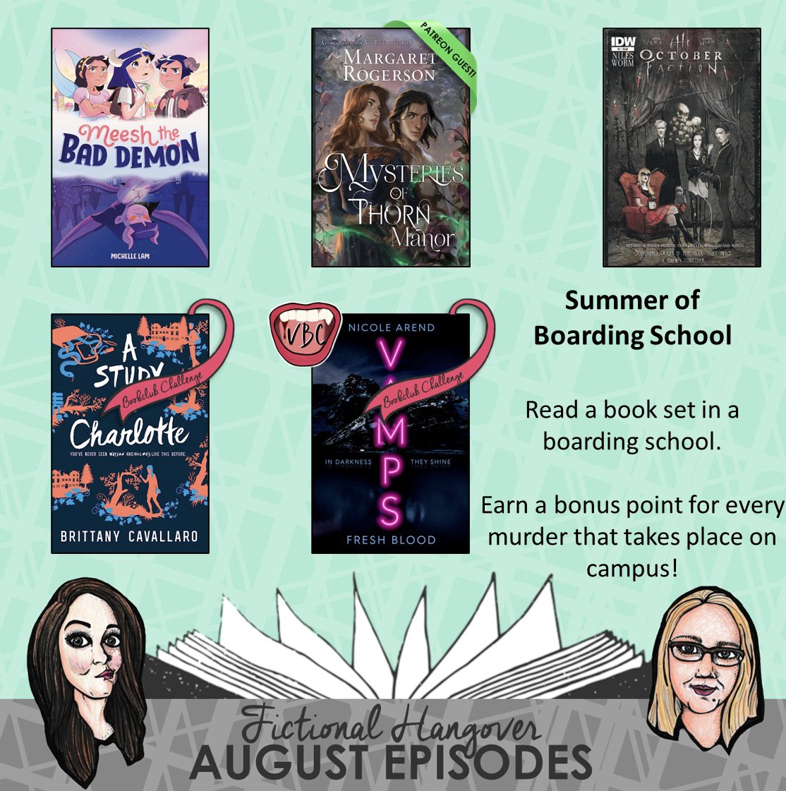 AUGUST EPISODES AND BOOK CLUB CHALLENGE THEME

Here is a preview of our August episodes with books by #MichelleLam <a href="/MarRogerson/">Margaret Rogerson (updates only)</a> <a href="/SteveNiles/">lobey</a> <a href="/DamienWorm/">Damien Worm</a> #BrittanyCavallaro <a href="/skippingstones/">sami 🎸 ִ ࣪𖤐</a> 

You know what we’ll be reading, let us know what you’re looking forward to
