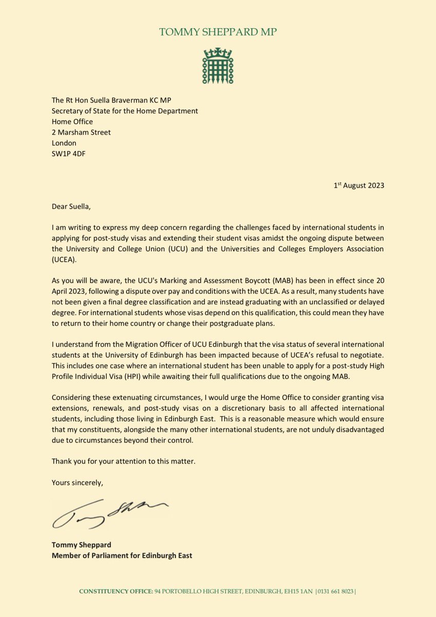 I’m calling on the Home Office to consider extenuating circumstances for the impact outstanding qualifications is having on international students. <a href="/ucu/">UCU</a> 

Read my letter here 👇