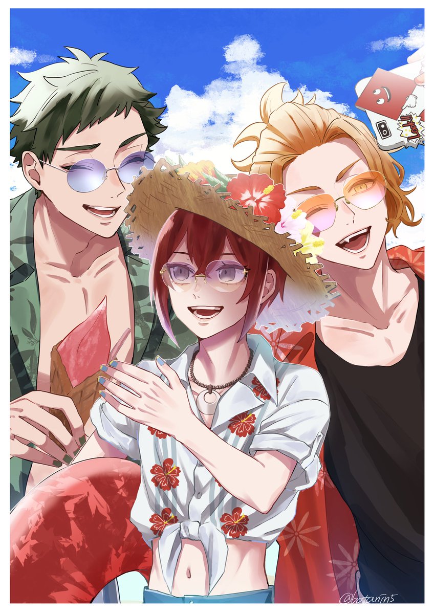 shirt multiple boys hawaiian shirt straw hat smile short hair blonde hair  illustration images