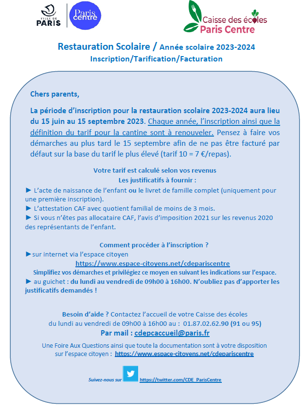 CDE_ParisCentre's tweet photo. 📝N'oubliez pas d'inscrire vos enfants à la restauration scolaire pour l'année 2023-2024
Rendez-vous sur votre espace citoyen avant le 15 septembre 2023 :
https://t.co/9Cdq1zvGuY
Bel été à toute et tous https://t.co/3bKMLTdknk