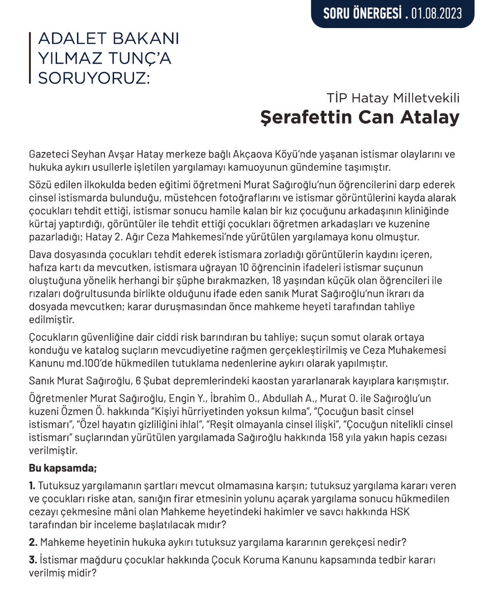 CanAtalay1's tweet photo. Silivri 9 No’lu Cezaevi, A-47’den, Hatay’da meydana gelen çocuk istismarını Hataylılar adına Adalet Bakanı Yılmaz Tunç’a soruyorum. https://t.co/BAFGqZ61XB