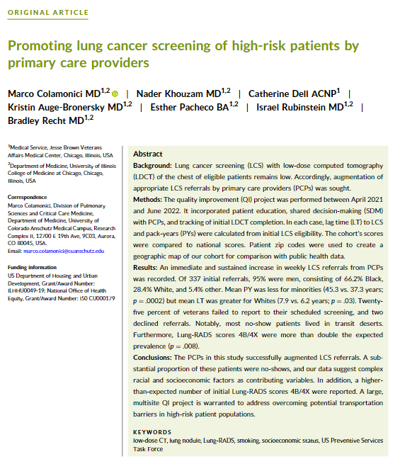 Today is World Lung Cancer Day 🌎🫁 

The primary care providers in this #OpenAccess study successfully augmented #LungCancer screening referrals. A substantial proportion of these pts were no-shows, and data suggest complex racial &amp; socioeconomic factors as contributing