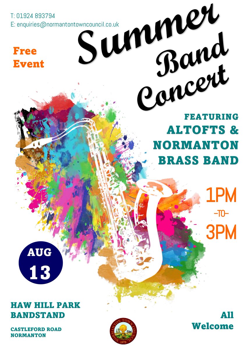 NormantonTC's tweet photo. Join us for a Summer Band Concert featuring Altofts &amp; Normanton Brass Band. 

Sunday 13th August 2023. 
1pm - 3pm. 
Haw Hill Park, Normanton.

#EventsNormanton #EventsWakefield #HawHillPark #BrassBand #FamilyEvent #DogFriendly #events #family #summer https://t.co/XVzTy0ye8j