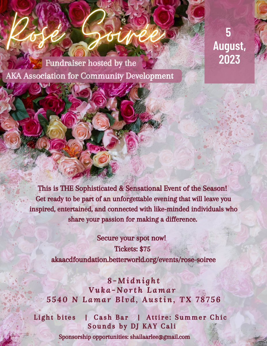 AKA Beta Psi Omega (@akabetapsiomega) on Twitter photo THIS SATURDAY is THE Rosé Soirée!! Join us for an evening of dancing, networking and raising funds in support AKA ACD positively impacting the lives of youth from grade school to graduation.
Purchase your ticket TODAY!
akaacdfoundation.betterworld.org/events/rose-so…
#AKA1908 #BetaPsiOmega
#RoseSoiree THIS SATURDAY is THE Rosé Soirée!! Join us for an evening of dancing, networking and raising funds in support AKA ACD positively impacting the lives of youth from grade school to graduation.
Purchase your ticket TODAY!
akaacdfoundation.betterworld.org/events/rose-so…
#AKA1908 #BetaPsiOmega
#RoseSoiree