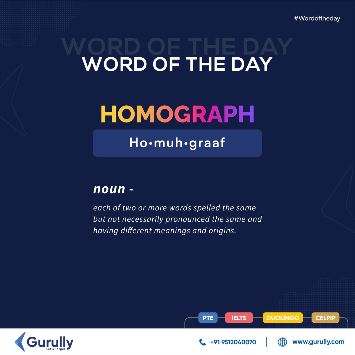 gurullyofficial's tweet photo. ๐พ๐๐๐
: ๐ฏ๐๐๐๐๐๐๐๐๐
plural noun: homographs
Each of two or more words spelled the same but not necessarily pronounced the same and have different meanings and origins.
Gurullyโs Word of the Day Series!
#WordOfTheDay #letstarget #Gurully #HOMOGRAPHS #homographseries https://t.co/EUrsFU4iMG