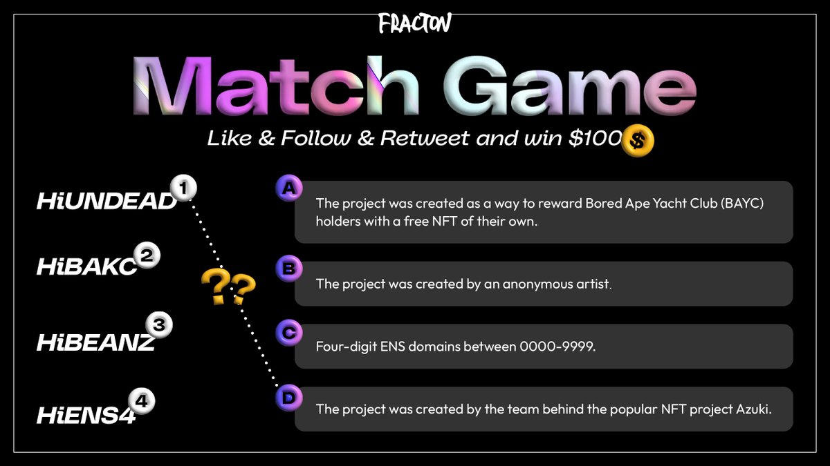 FractonX's tweet image. Get ready to flex your quiz skills! We got a Match Game Quiz with a chance to score $100! 

👉🏼 Like &amp;amp; follow &amp;amp; retweet
👉🏼 comment your answer
💰 $100 
⌛️ soon

Go Fracs!
#FractonProtocol #Giveaway