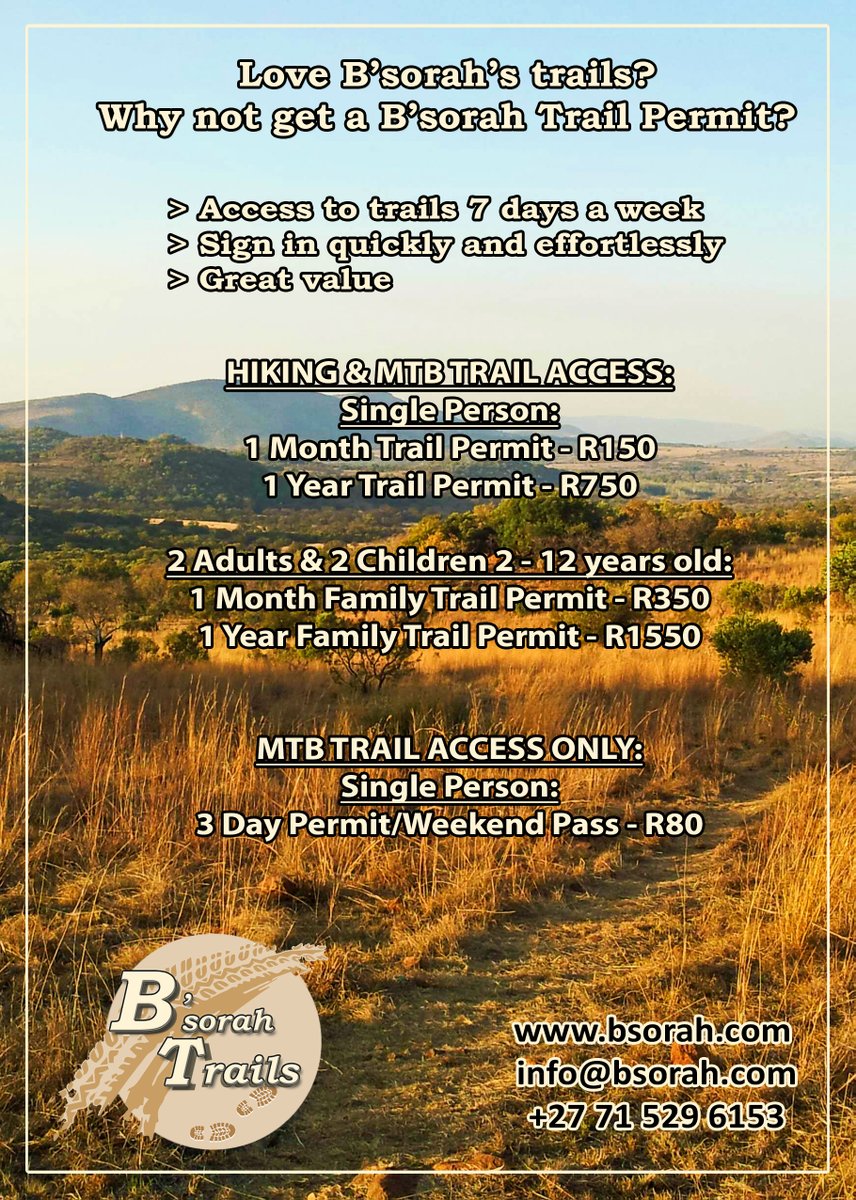 Don't forget, we've got awesome trail permit options for hikers and mountain bikers, giving you great value and access to our trails 7 days a week!
Email us at info@bsorah.com to get a B'sorah Trail Permit.

#hiking #mountainbiking #trailrunning #outdoorlife #nature #magaliesberg