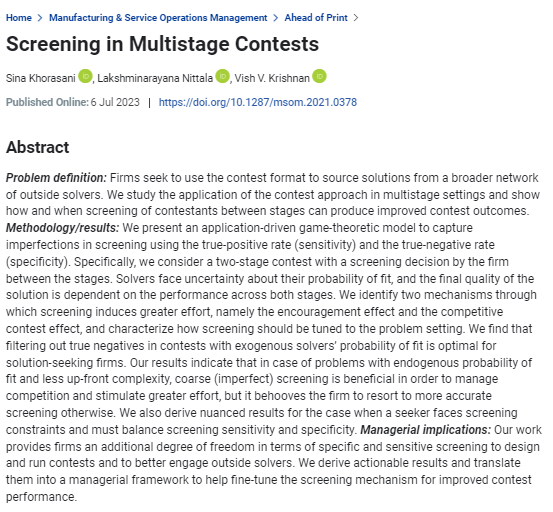 TIMES_INFORMS's tweet photo. #TIMESpaperOfTheMonth: Multi-stage innovation contests need effective screening between stages to improve outcomes. This paper provides insights into effective screening design. #InnovationContests #ScreeningEffectiveness #Sensitivity #Specificity #RandD https://t.co/q0NrvBdxDE