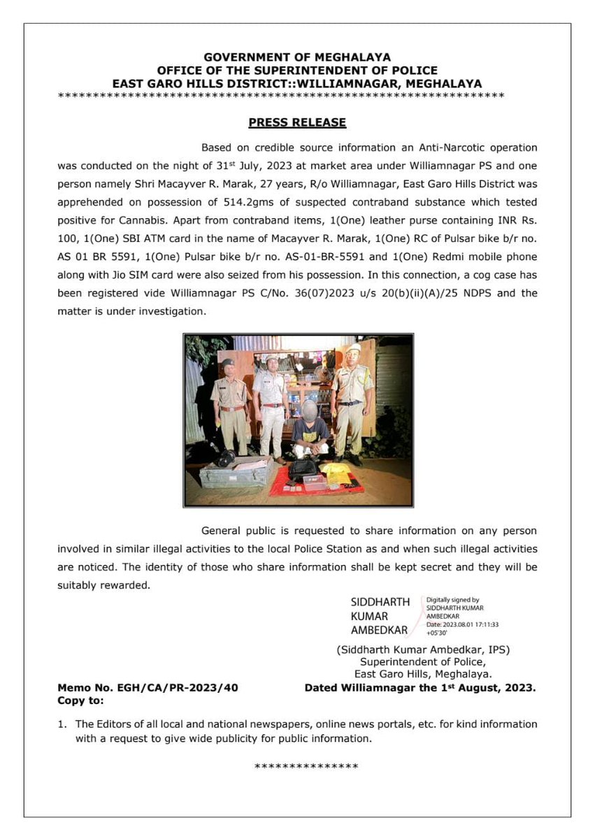 EGH ANTF team conducted an operation  last night, whereby a drug peddler was arrested. EGH Police is committed to eliminate any threat posed by the anti social elements.  
<a href="/MeghalayaPolice/">Meghalaya Police</a> 
<a href="/lrbishnoiips/">Dr L R Bishnoi, IPS</a>