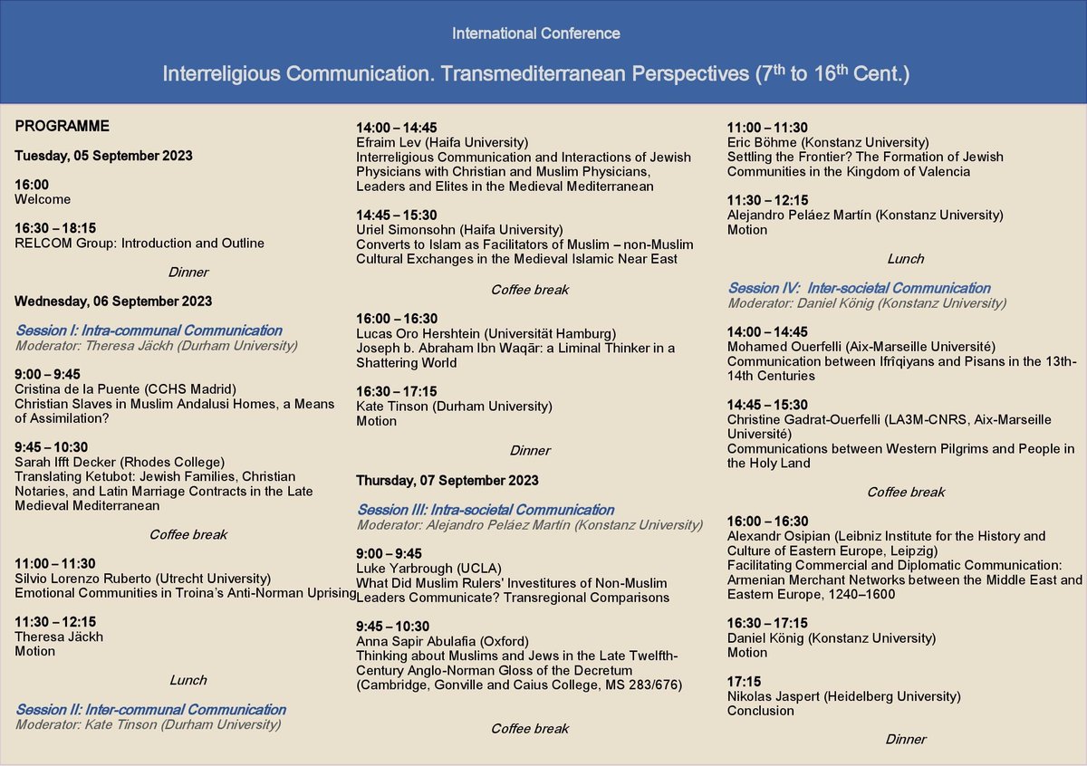 MQassiti's tweet photo. Interreligious Communication. Transmediterranean Perspectives (7th–16th Cent.). International Conference 05 to 07 September 2023, Durham University

@IMEMSDurham @DurhamMEMSA @durham_history @TheresaJaeckh

#medievaltwitter #TransmediterraneanHistory #twitterstorians https://t.co/nDziYQ5gB9