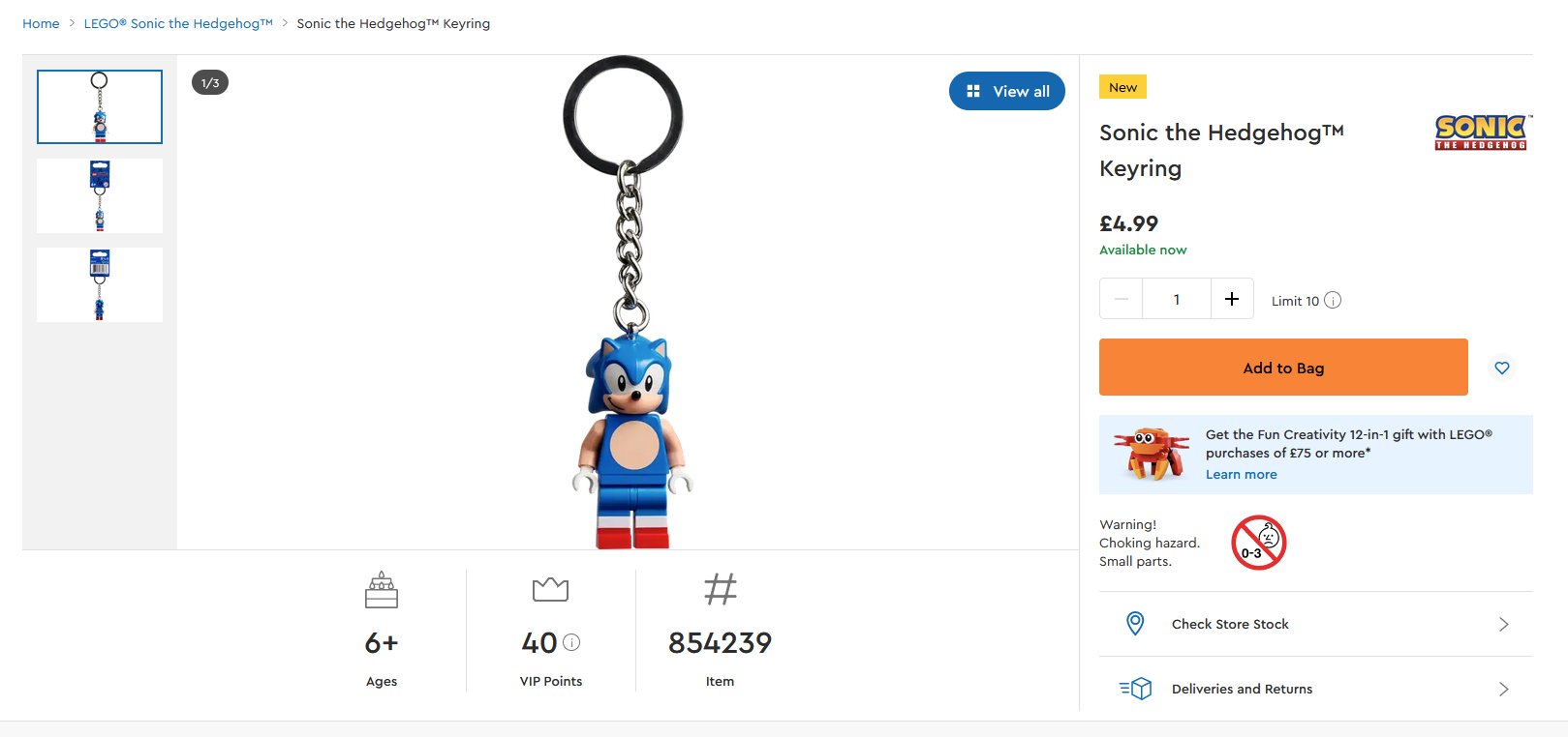 LEGO SONIC The Hedgehog KEY CHAIN KEYRING LEGO 854239