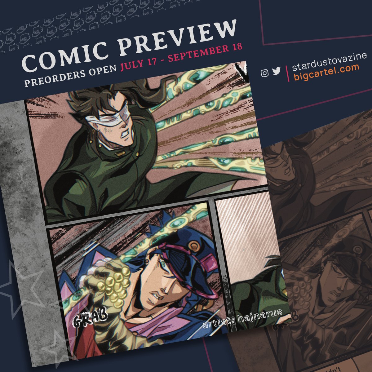 stardustovazine's tweet photo. Kakyoin calm down! Don't attack Jotaro and instead chill when you preorder our zine. It'll make you feel better 😉 Comic by @hajnarus. 

🛒: https://t.co/UGShpkKD9m https://t.co/MZqJeAVLLH