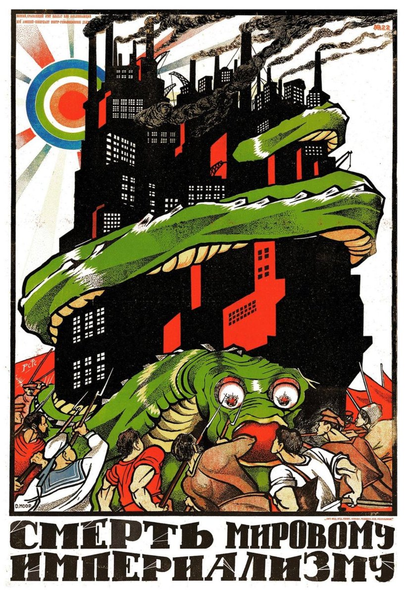 propagandopolis's tweet photo. 'Death to world imperialism' — Soviet poster (1919) showing the people rising up against the beast of imperialism, depicted coiled around a massive factory. Artist: Dmitry Moor. https://t.co/p47ofWzl1b