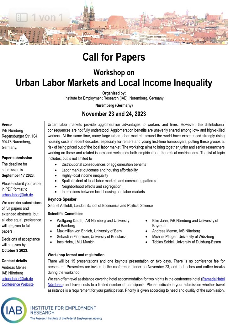 🔔Call for Papers🔔
@DauthEcon and me are organizing a workshop on Urban Labor and local income inequality this fall at @iab_news Nürnberg &amp; we are looking forward to your submissions! Plus: We can offer travel assistance to selected participants! #EconTwitter