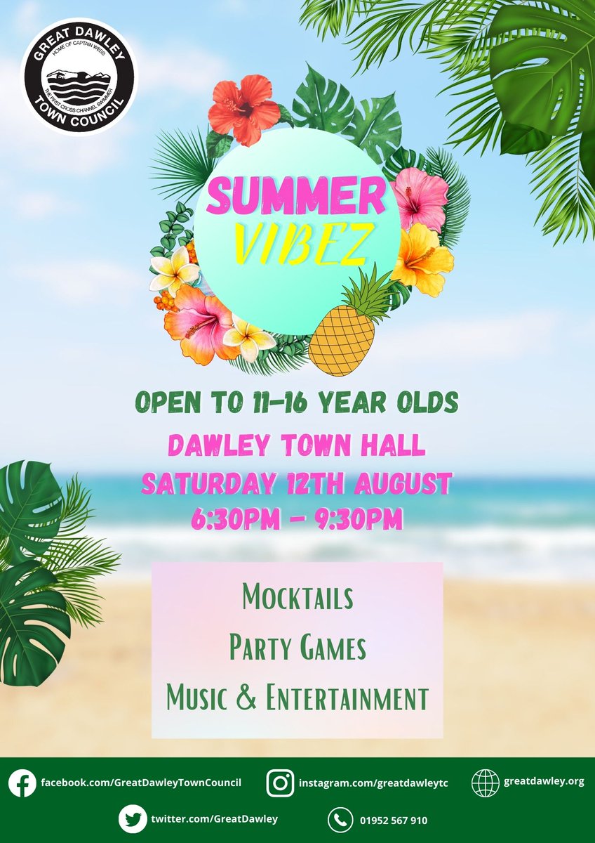 GreatDawley's tweet photo. #YouthProvision - @GreatDawley Summer Vibez!
Join us at @DawleyTownHall for mocktails, party games, music &amp; entertainment on Sat 12 Aug, Open to youth aged 11 - 16 Yrs

We have limited spaces so be quick to pick up your tickets from our office on the High St or at our Youth Club. https://t.co/hb6Bzyeru4