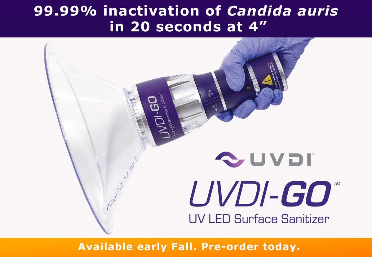 UVDI's tweet photo. 99.99% inactivation of Candida auris in 20 seconds at 4" distance.  Independently proven.  See the New UVDI-GO™ in action at @AHEtweets  booth #613 today.  Pre-order yours at: https://t.co/BF5OXYkSwU
#ahe2023 #aheexchange2023 #uvdisinsfection https://t.co/uyp8TrEeMJ